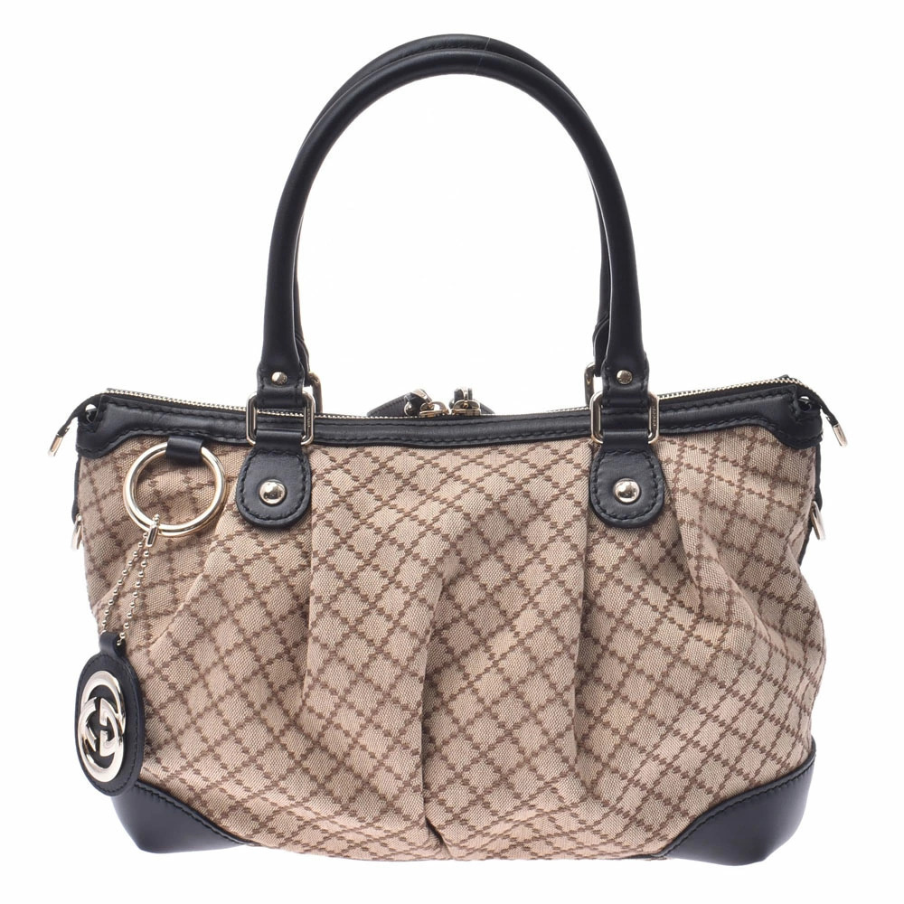 GUCCI Diamante Beige Black Canvas Leather Bag